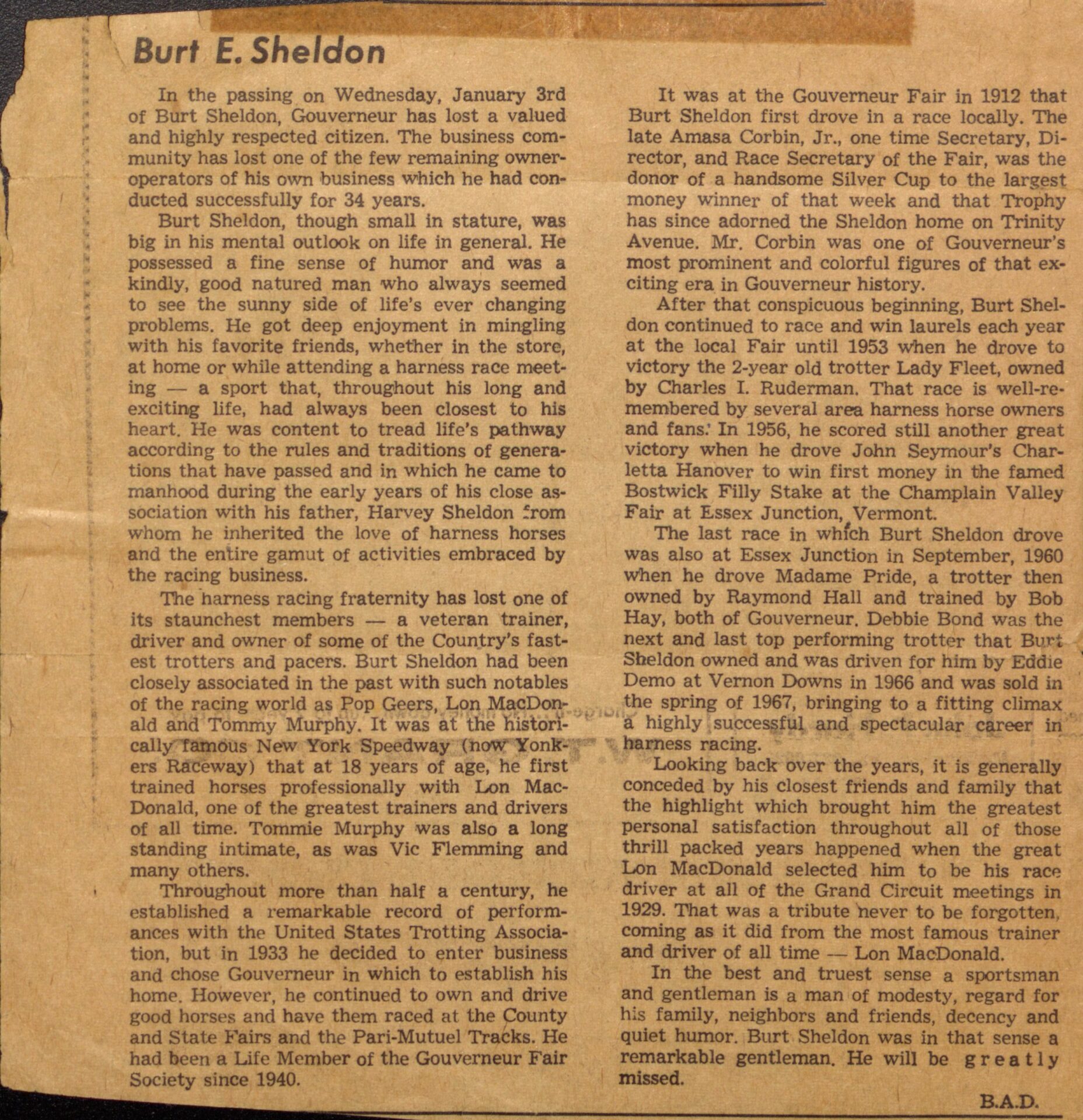 Sheldon Burt obituary